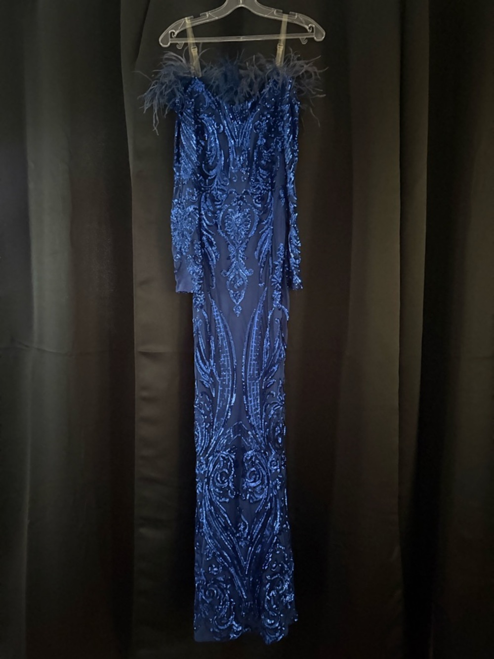 Embellished Navy Blue Feather Off-Shoulder Evening Gown